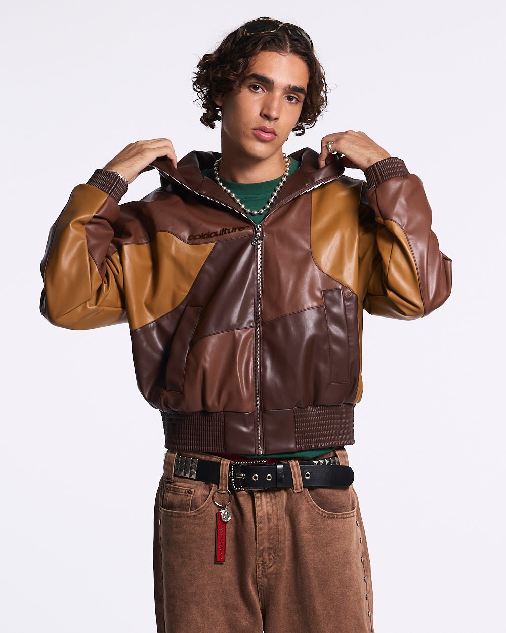 ROUTE JACKET BROWN - brown two-tone leather jacket, front view on male model - Cold Culture #man