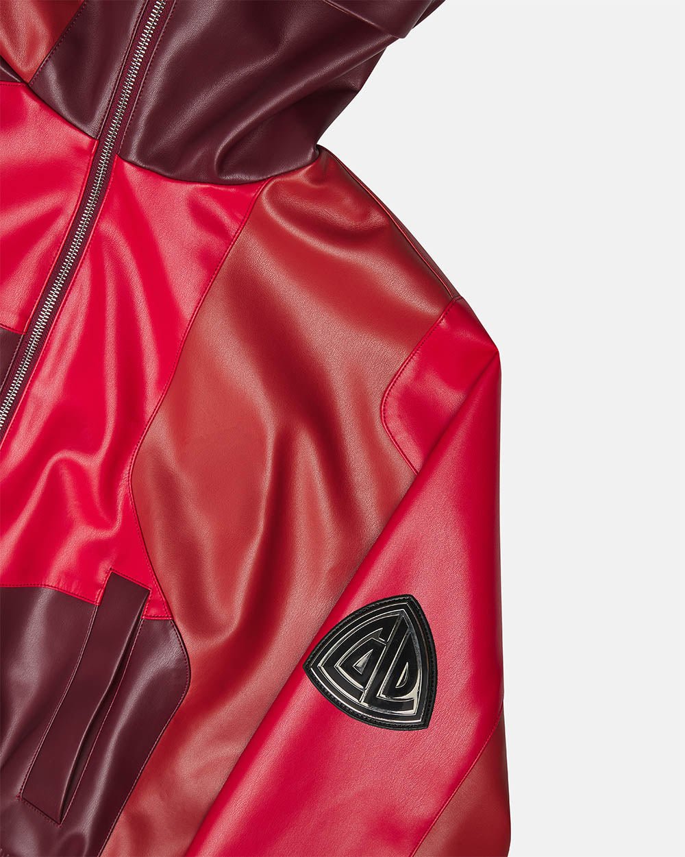 ROUTE JACKET RED AND BURGUNDY - red and burgundy leather jacket, detail close-up - Cold Culture