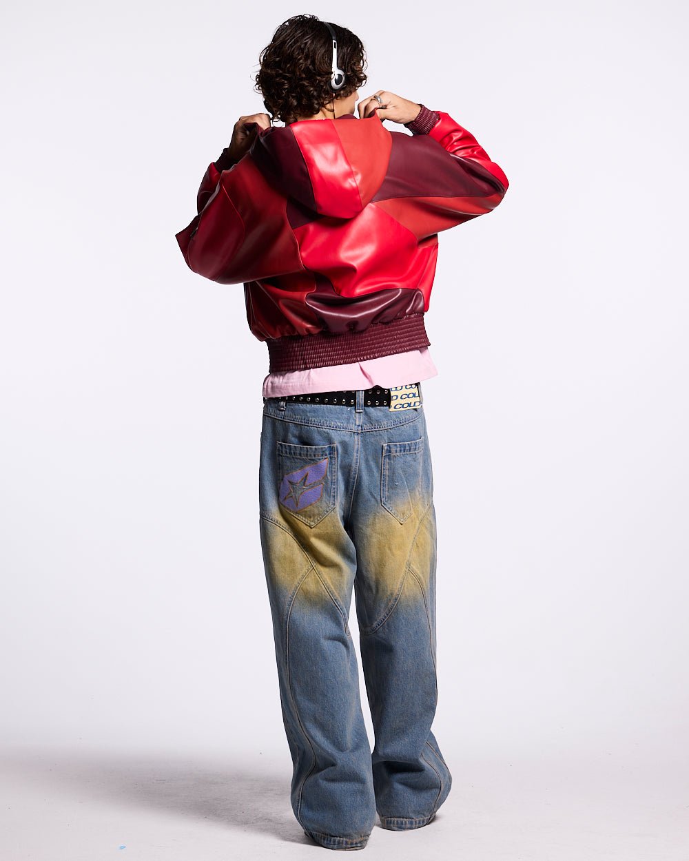 ROUTE JACKET RED AND BURGUNDY - red and burgundy leather jacket, back view on male model - Cold Culture #man