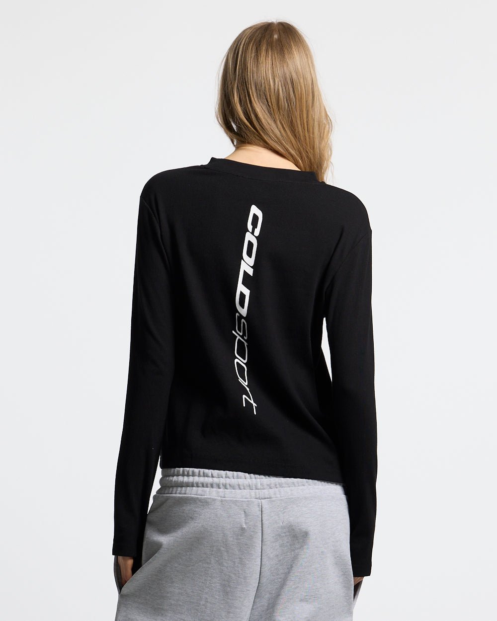 RUN CLUB LONGSLEEVE BLACK - black longsleeve tee, back view on female model - Cold Culture #woman