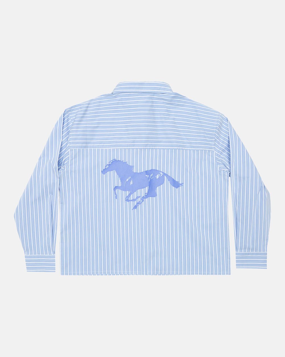 RUNNING HORSE SHIRT BLUE STRIPES - blue striped long sleeve shirt, back view - Cold Culture #packshot