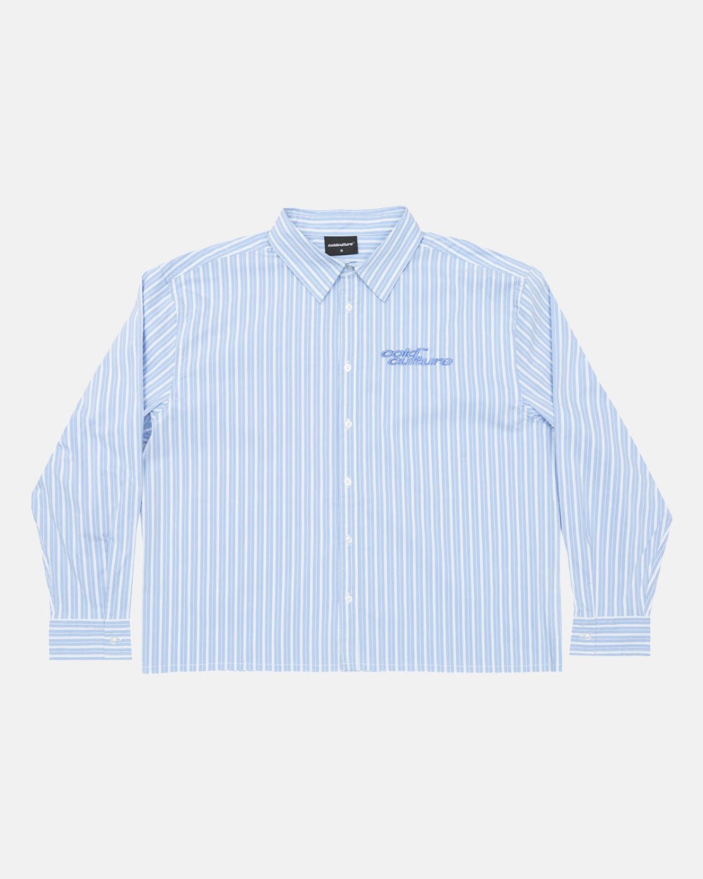RUNNING HORSE SHIRT BLUE STRIPES - blue striped long sleeve shirt, front view - Cold Culture #packshot
