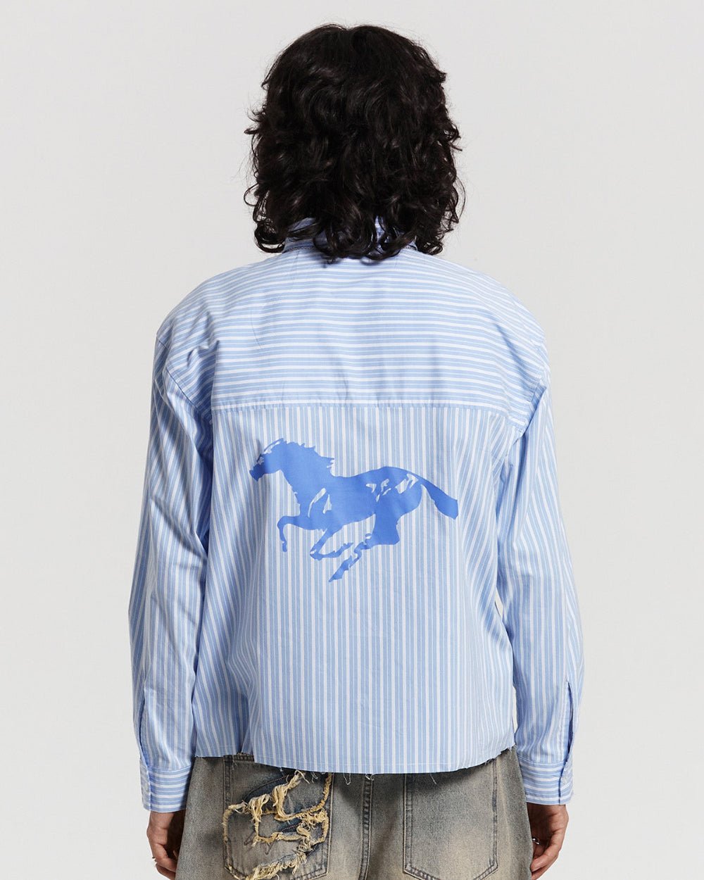 RUNNING HORSE SHIRT BLUE STRIPES - blue striped long sleeve shirt, back view on male model - Cold Culture #man