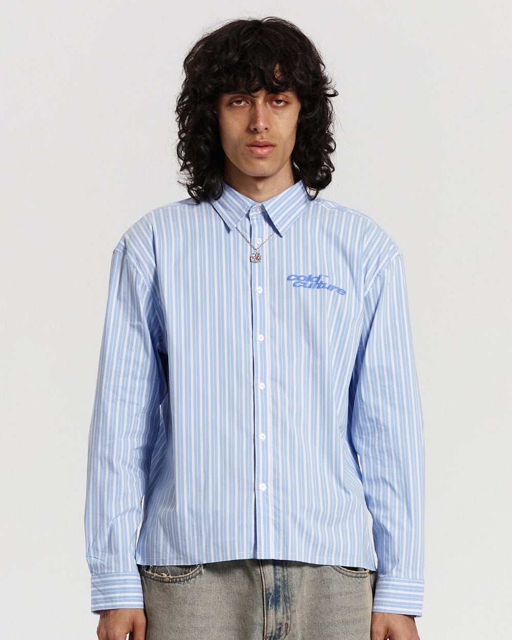 RUNNING HORSE SHIRT BLUE STRIPES - blue striped long sleeve shirt, front view on male model - Cold Culture #man