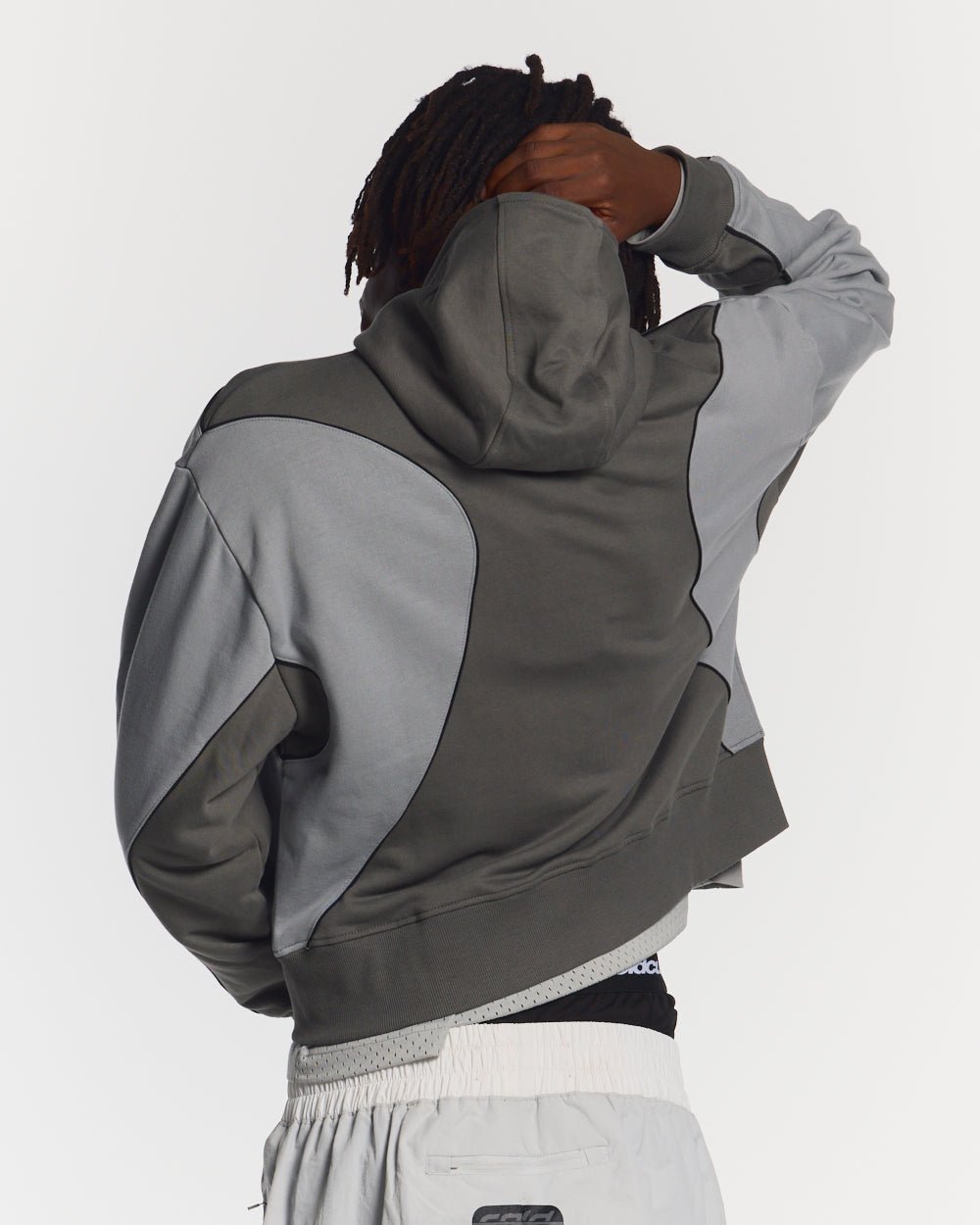 RUSH ZIPPER HOODIE GREY - grey two-tone zip-up hoodie, back view on male model - Cold Culture