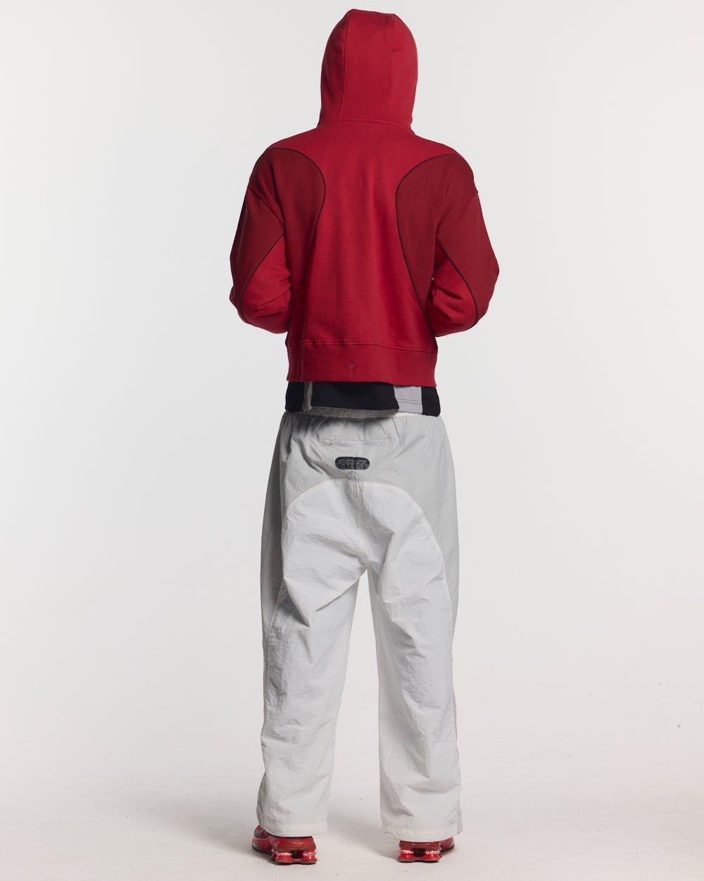 RUSH ZIPPER HOODIE RED - red two-tone zip-up hoodie, back view on male model - Cold Culture