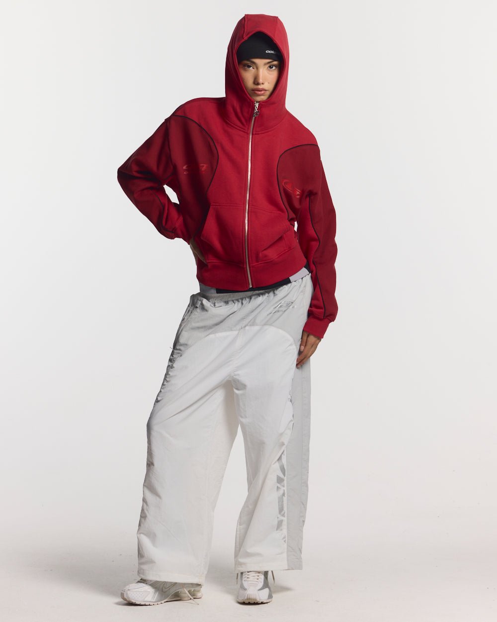 RUSH ZIPPER HOODIE RED - red two-tone zip-up hoodie, front view on female model - Cold Culture #woman