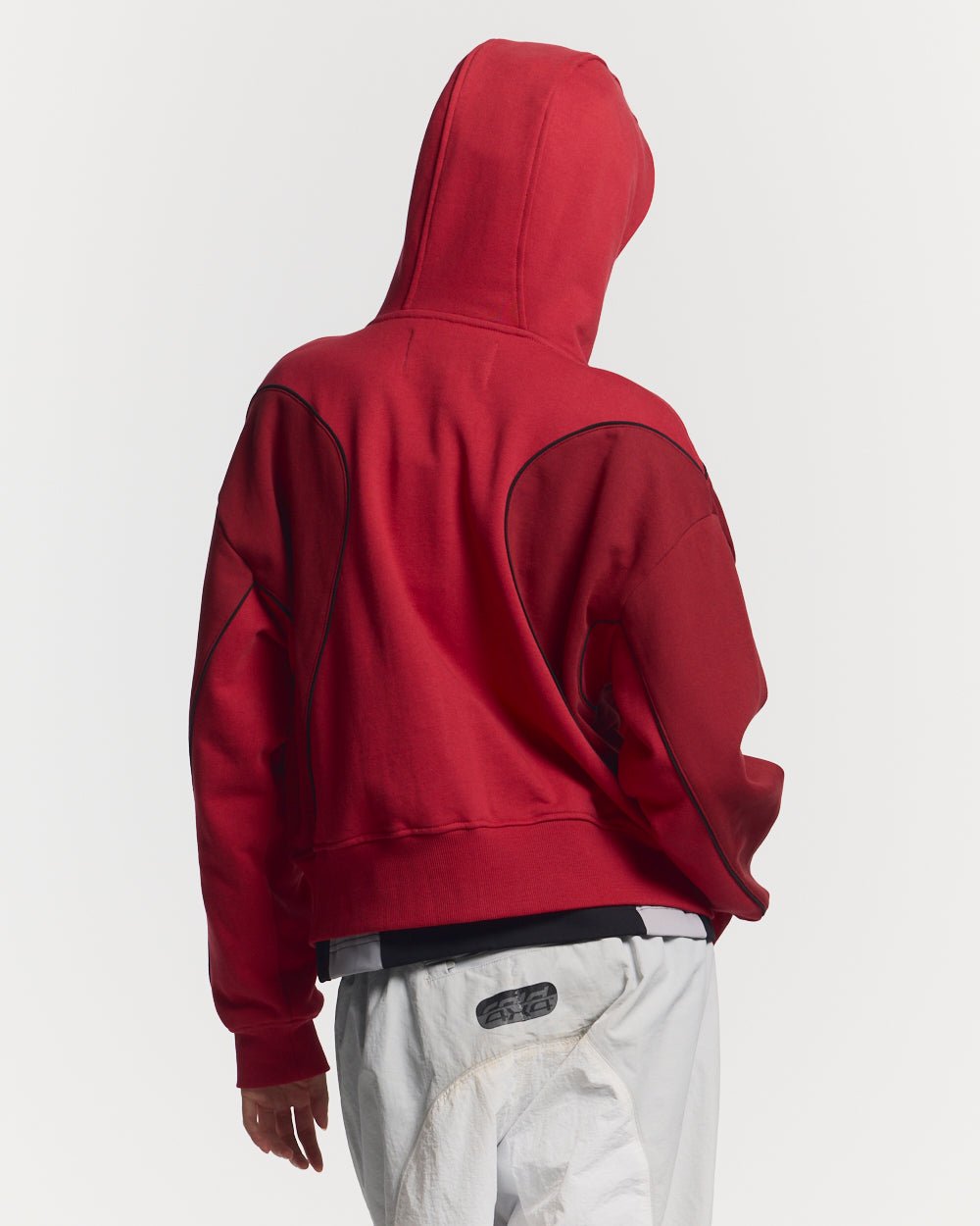 RUSH ZIPPER HOODIE RED - red two-tone zip-up hoodie, back view on female model - Cold Culture #woman