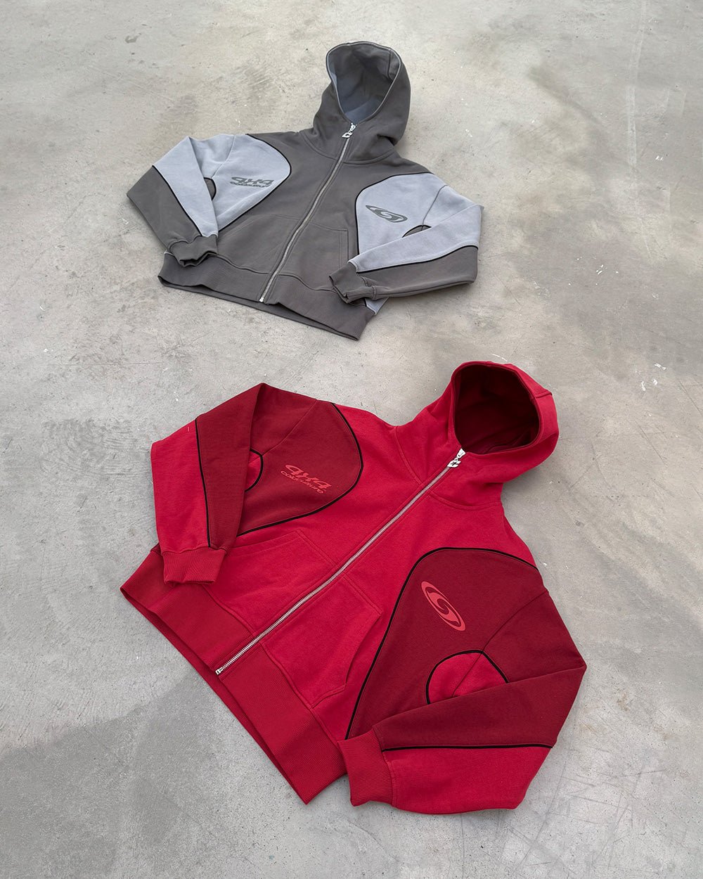 RUSH ZIPPER HOODIE RED - red two-tone zip-up hoodie, flat lay with matching pieces - Cold Culture