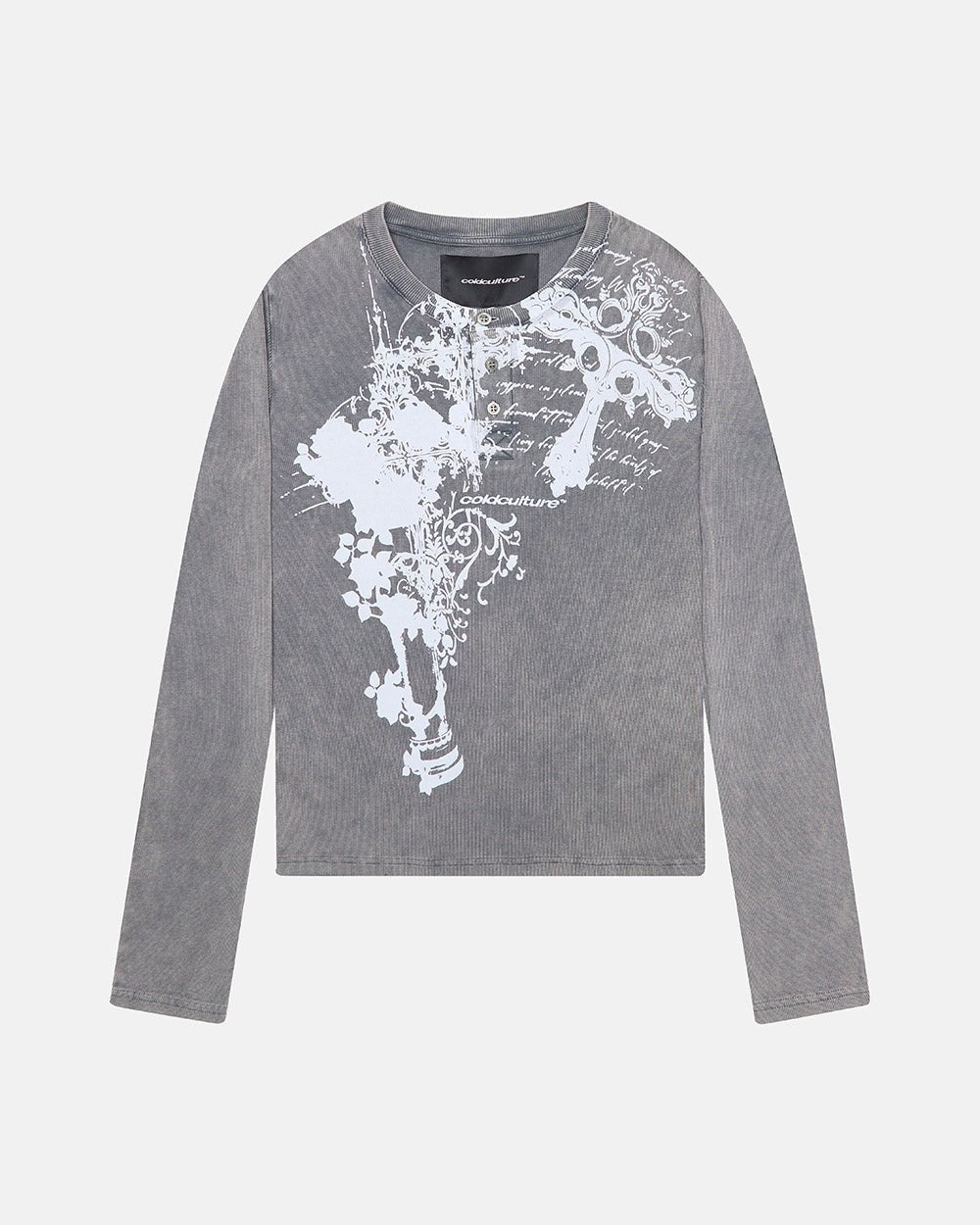 SAINTLESS LONGSLEEVE GREY - grey graphic print longsleeve tee, front view - Cold Culture #packshot