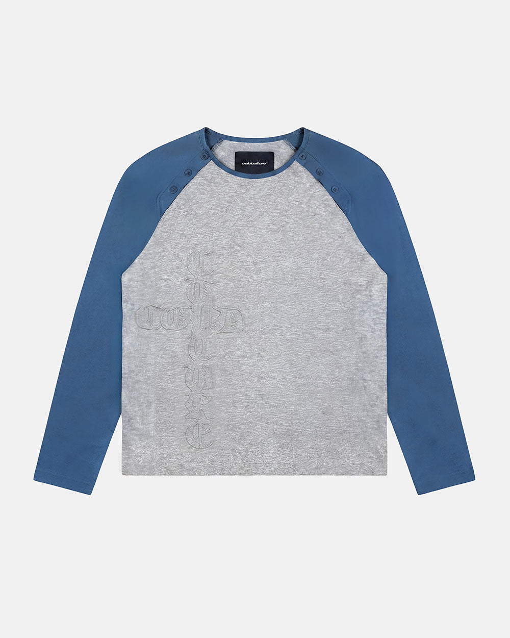 SALTY LONGSLEEVE HEATHER GREY - grey and blue raglan longsleeve tee, front view - Cold Culture #packshot