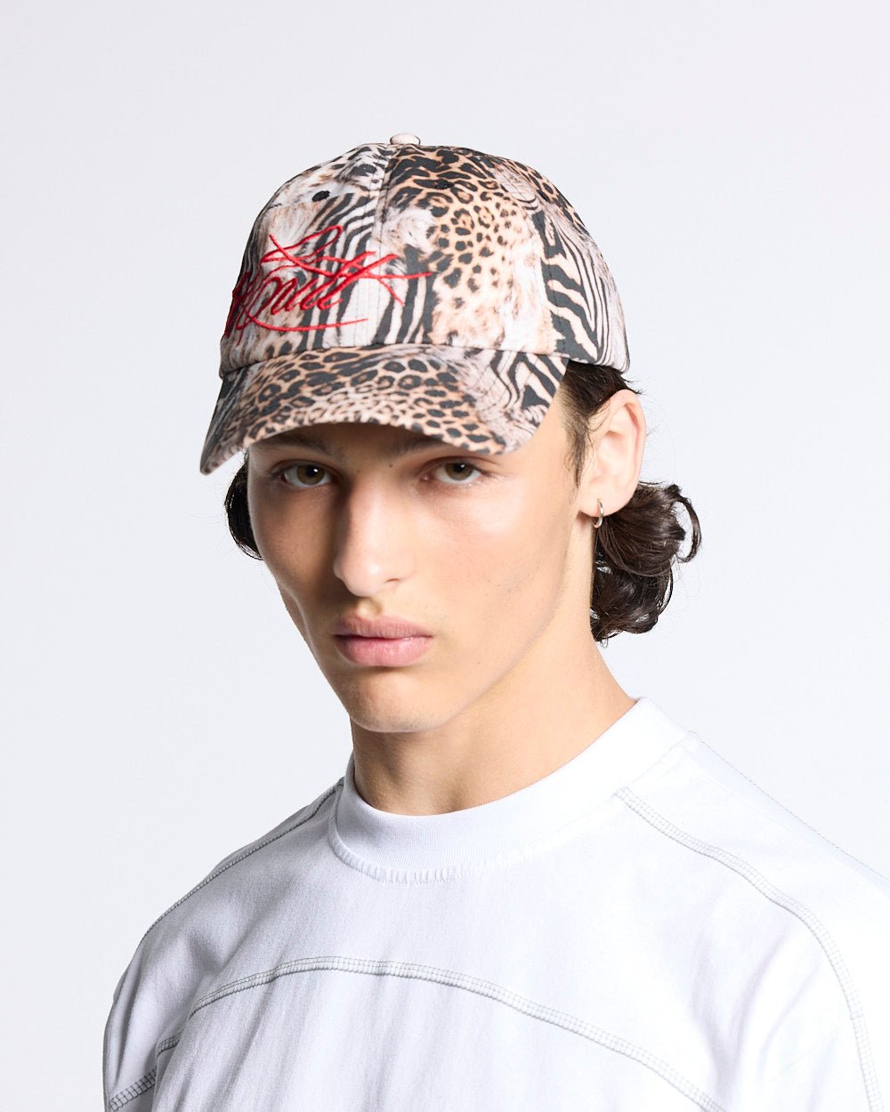 SAVAGE CAP LEOPARD - leopard print cap, on model close-up - Cold Culture #man