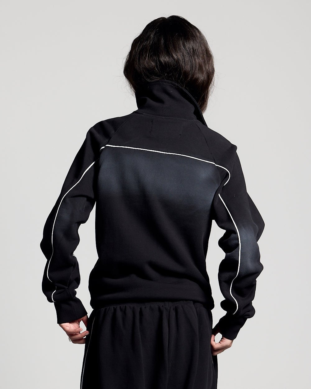 SAVAGE WASHED JACKET BLACK - black washed zip-up hoodie, back view on female model - Cold Culture #woman