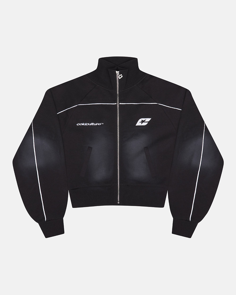SAVAGE WASHED JACKET BLACK - black washed zip-up hoodie, front view - Cold Culture #packshot