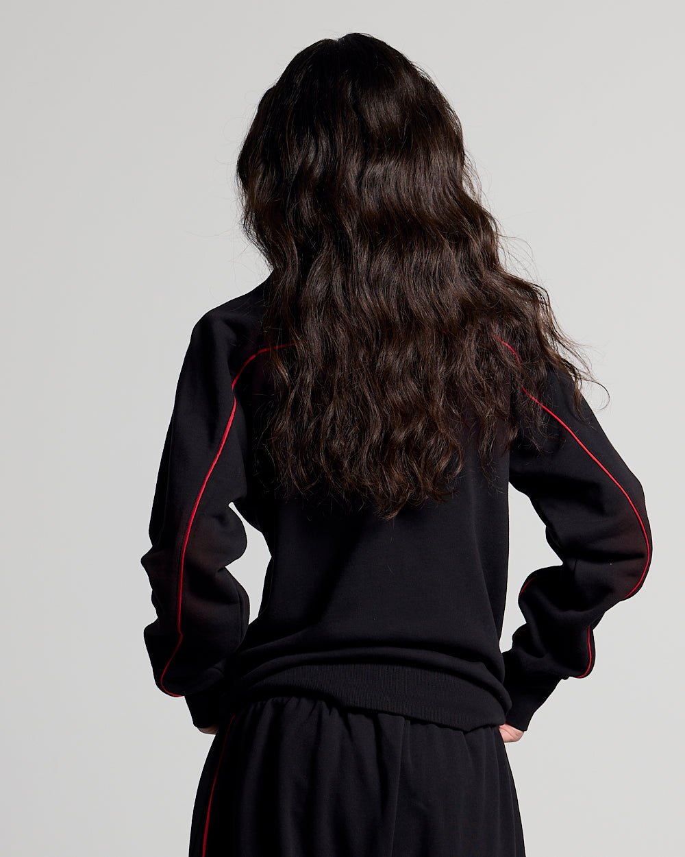 SAVAGE WASHED JACKET BLACK & RED - black and red washed zip-up hoodie, back view on female model - Cold Culture #woman