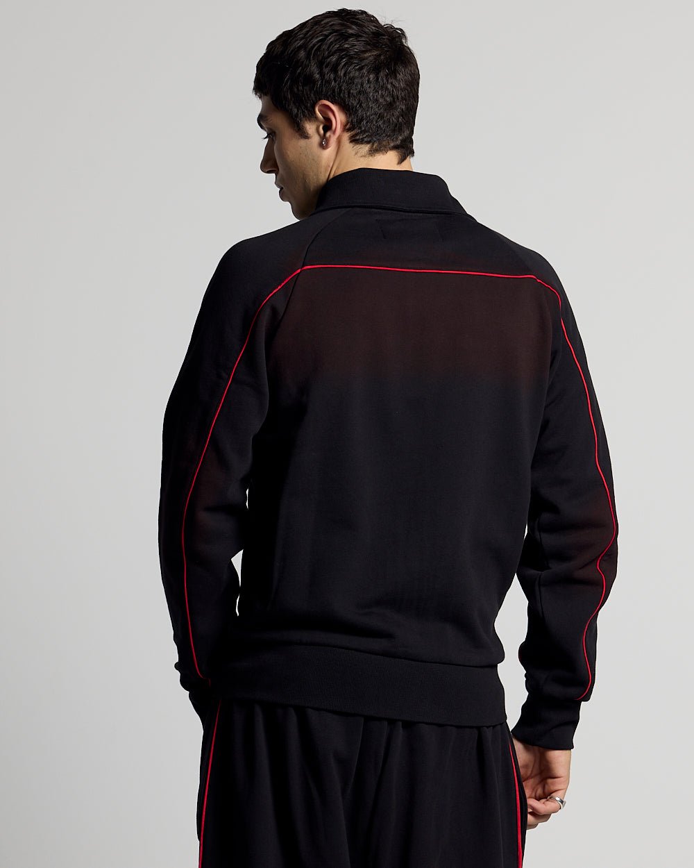SAVAGE WASHED JACKET BLACK & RED - black and red washed zip-up hoodie, back view on male model - Cold Culture #man