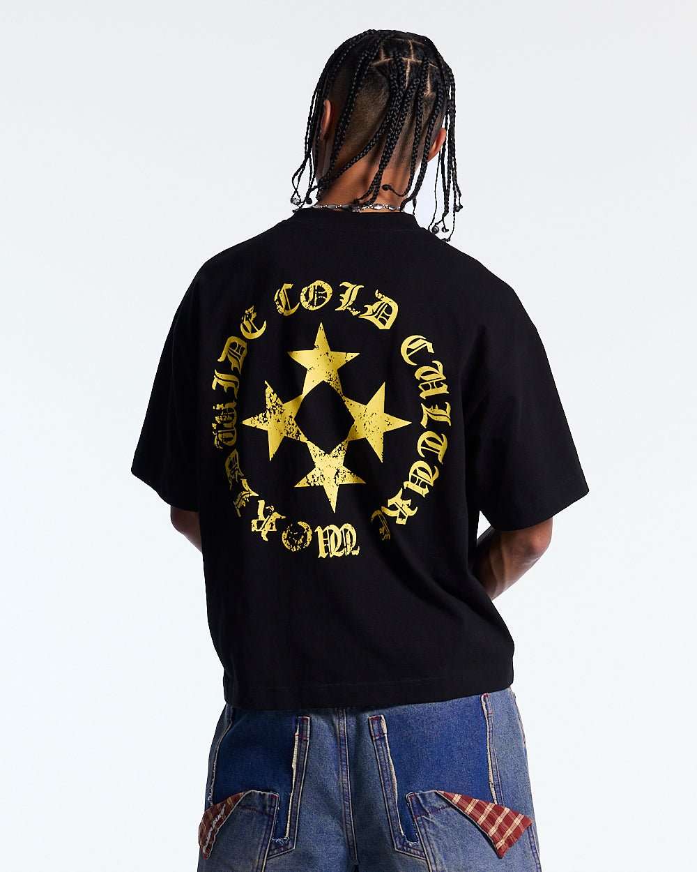 SCATTER TEE BLACK - black graphic print tee, back view on male model - Cold Culture #man