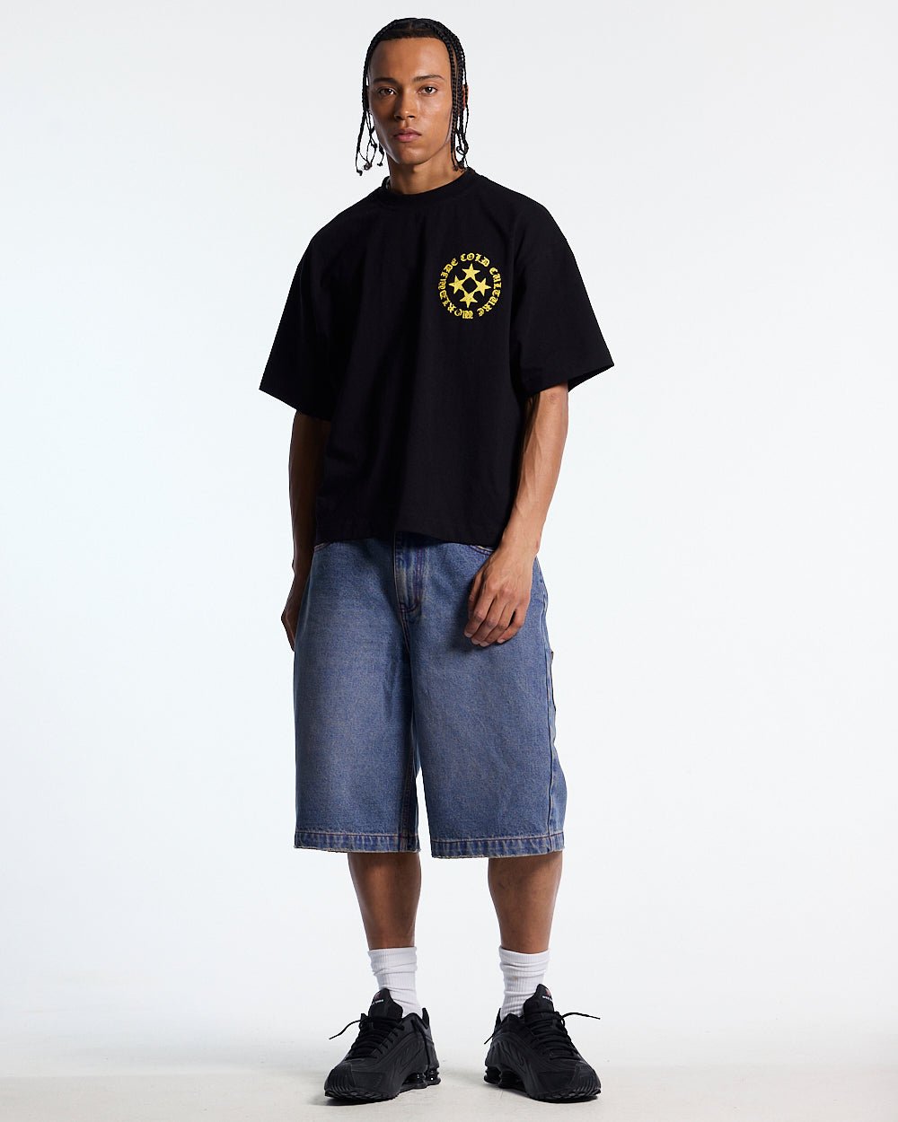 SCATTER TEE BLACK - black graphic print tee, front view on male model - Cold Culture #man