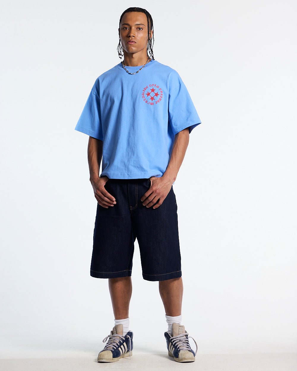 SCATTER TEE BLUE - blue graphic print tee, front view on male model - Cold Culture #man