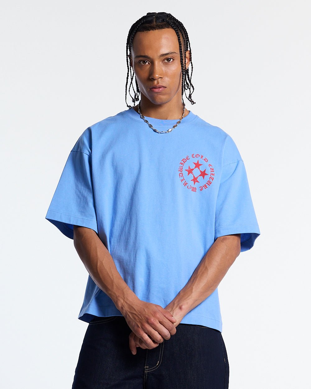 SCATTER TEE BLUE - blue graphic print tee, front view on male model - Cold Culture #man