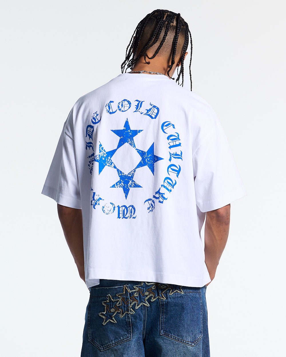 SCATTER TEE WHITE - white graphic print tee, back view on male model - Cold Culture #man