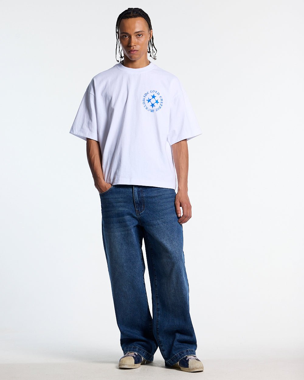 SCATTER TEE WHITE - white graphic print tee, front view on male model - Cold Culture #man