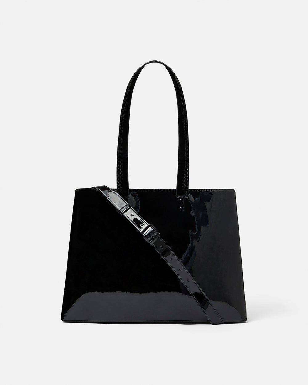 SCRIPT BAG BLACK - black glossy tote bag, front view - Cold Culture #packshot