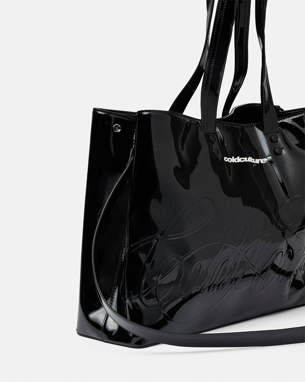 SCRIPT BAG BLACK - black glossy tote bag, detail close-up - Cold Culture