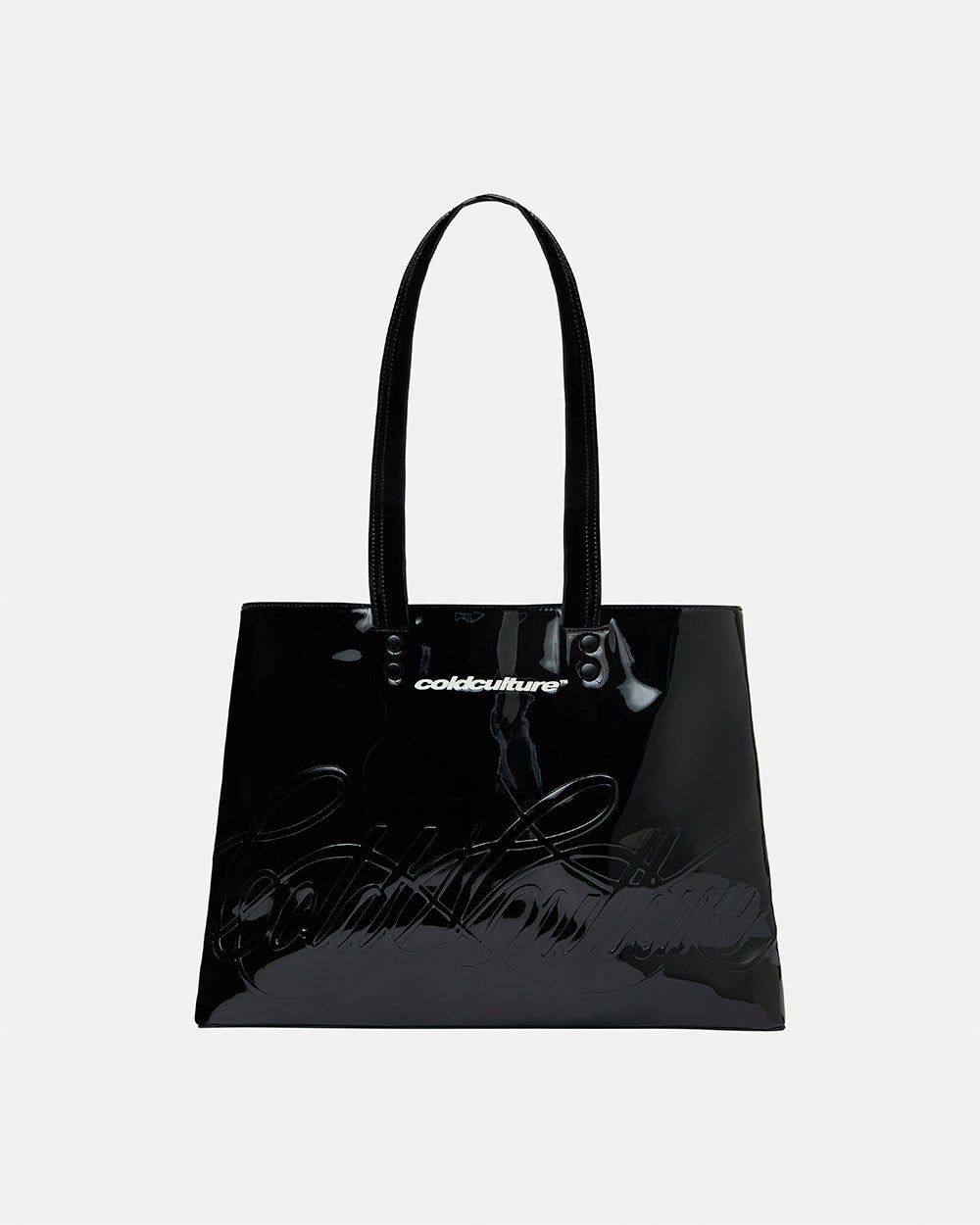 SCRIPT BAG BLACK - black glossy tote bag, front view - Cold Culture #packshot