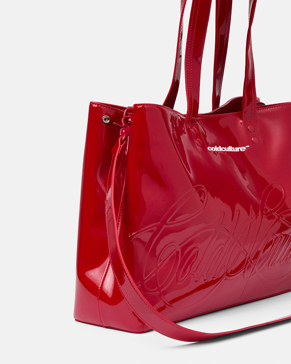 SCRIPT BAG RED - red glossy tote bag, detail close-up - Cold Culture