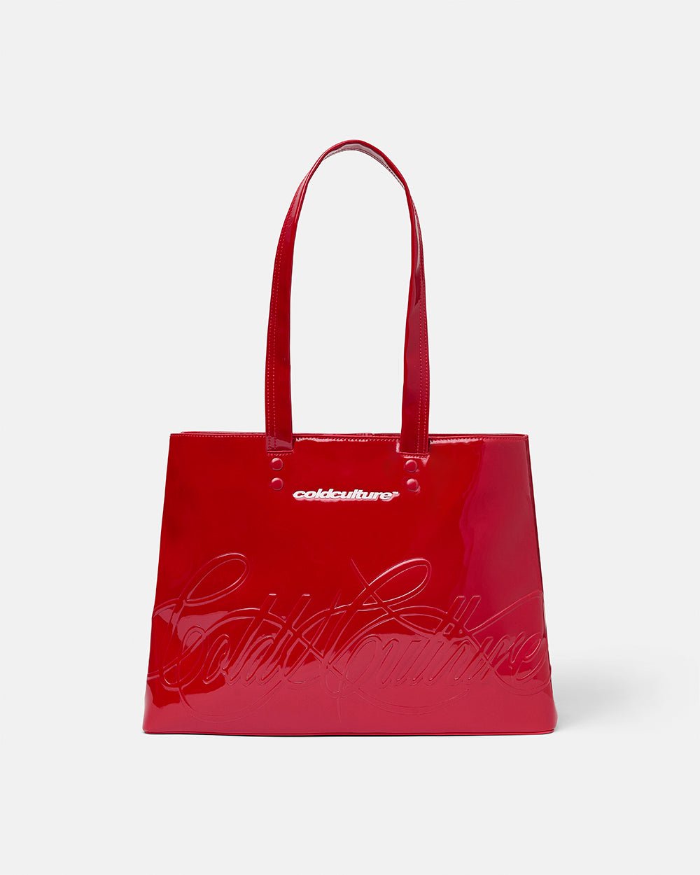 SCRIPT BAG RED - red glossy tote bag, front view - Cold Culture #packshot