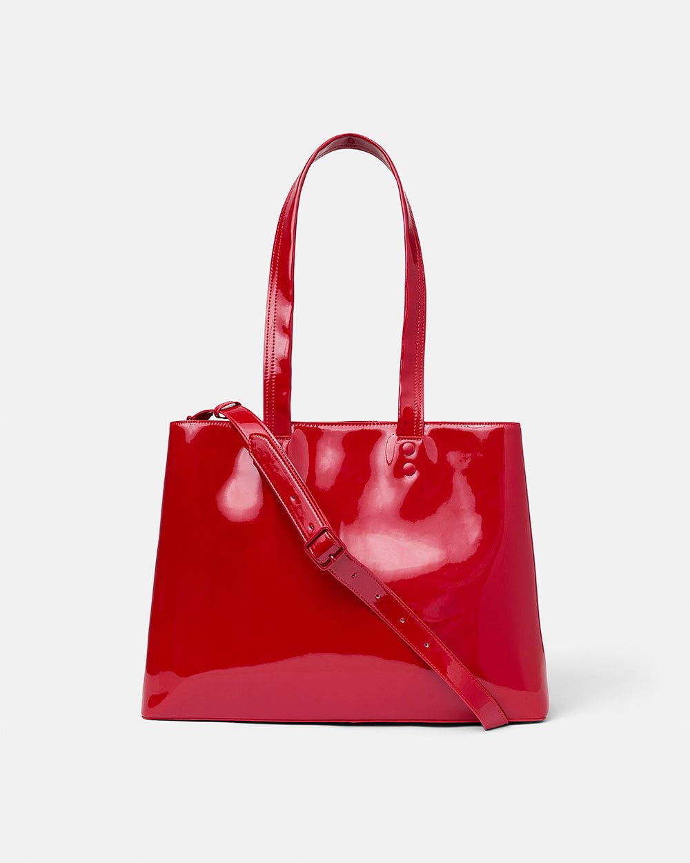 SCRIPT BAG RED - red glossy tote bag, side view - Cold Culture #packshot