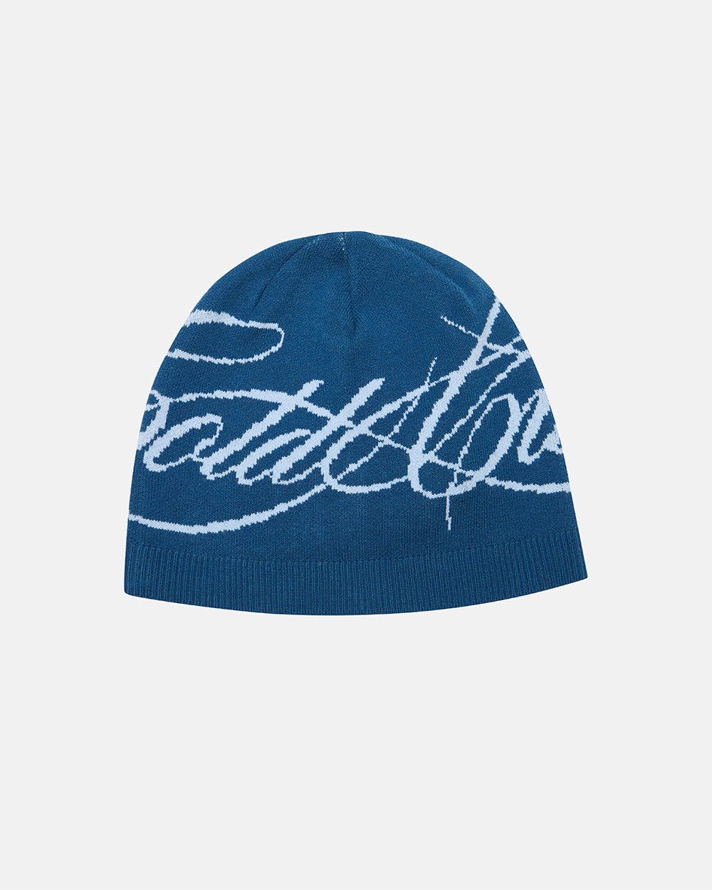 SCRIPT BEANIE BLUE - blue script knit beanie, front view - Cold Culture #packshot