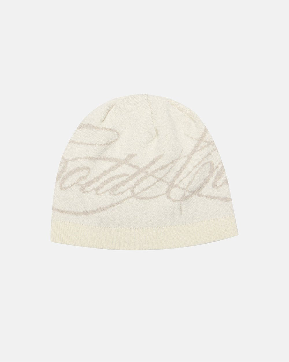 SCRIPT BEANIE GREY - light grey script knit beanie, front view - Cold Culture #packshot