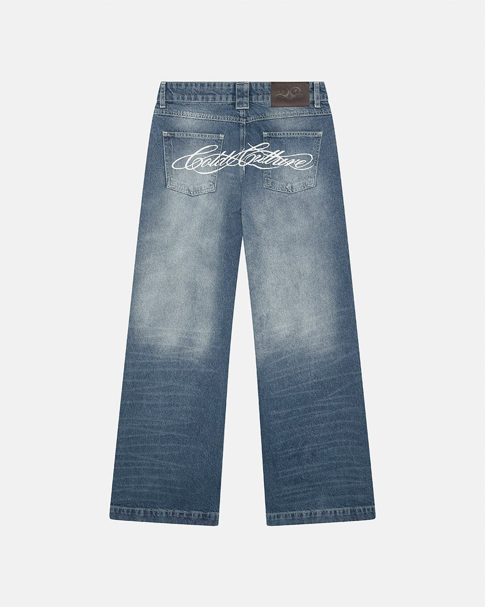 SCRIPT BOOTCUT JEANS BLUE - blue washed bootcut jeans, back view - Cold Culture #packshot