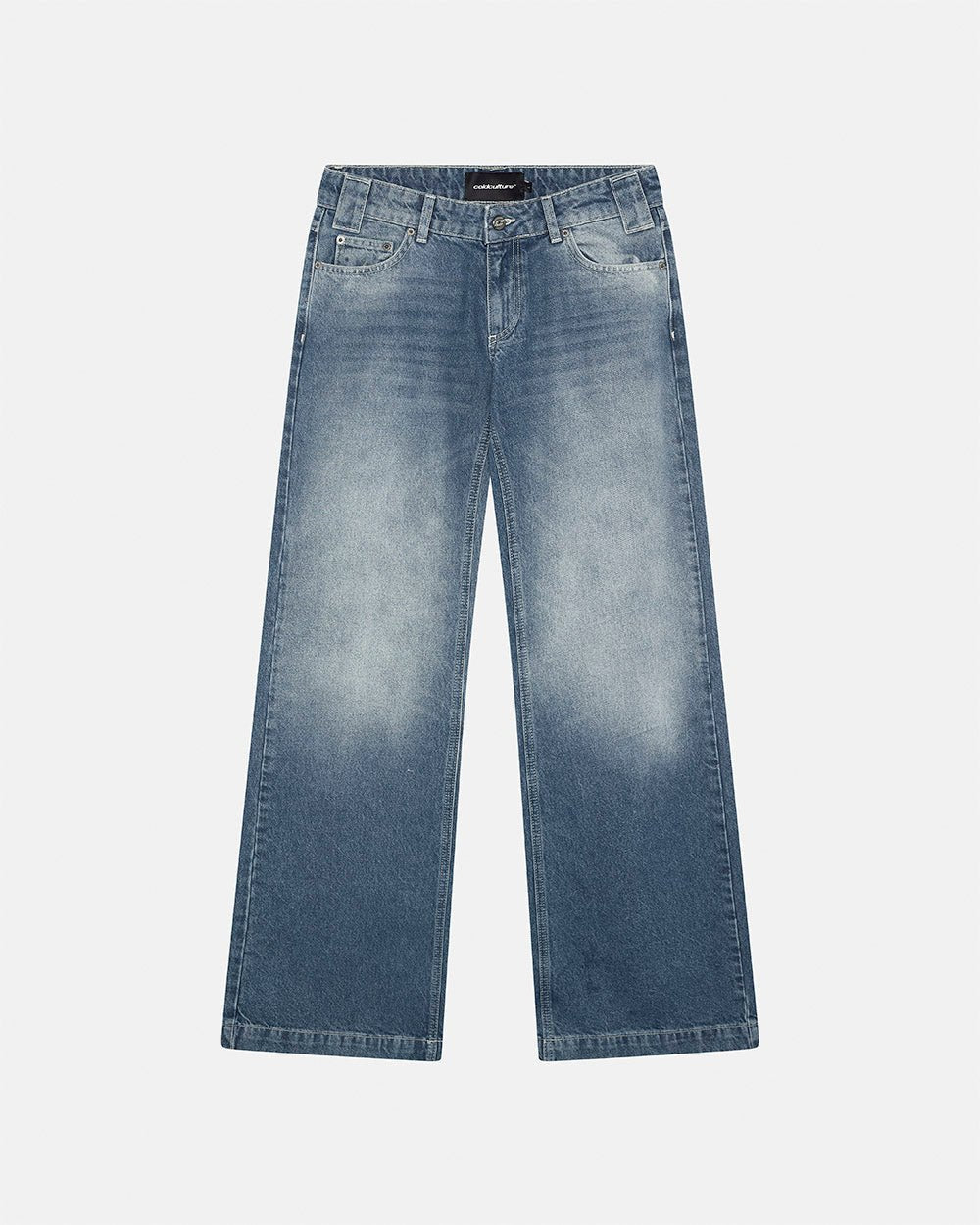 SCRIPT BOOTCUT JEANS BLUE - blue washed bootcut jeans, front view - Cold Culture #packshot