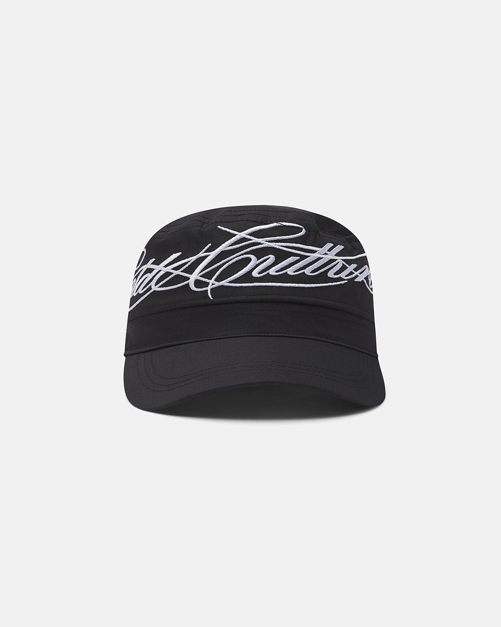 SCRIPT CAP BLACK - black embroidered cap, front view - Cold Culture #packshot