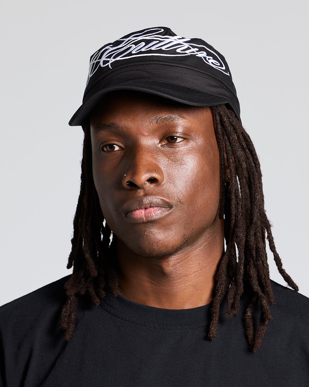 SCRIPT CAP BLACK - black embroidered cap, on model close-up - Cold Culture #man