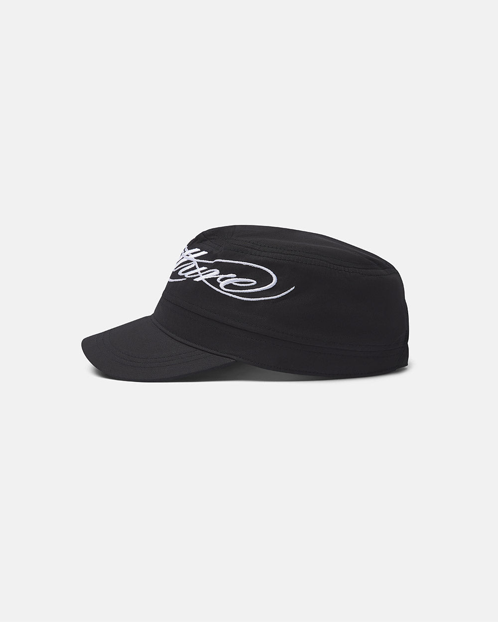 SCRIPT CAP BLACK - black embroidered cap, side view - Cold Culture #packshot