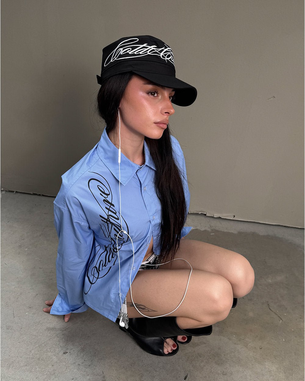 SCRIPT CAP BLACK - black embroidered cap, street style shot - Cold Culture #woman