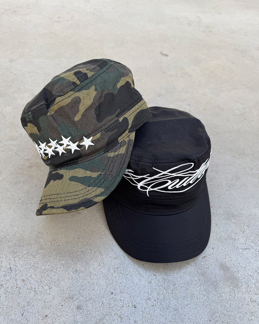 SCRIPT CAP BLACK - black embroidered cap, flat lay with matching pieces - Cold Culture