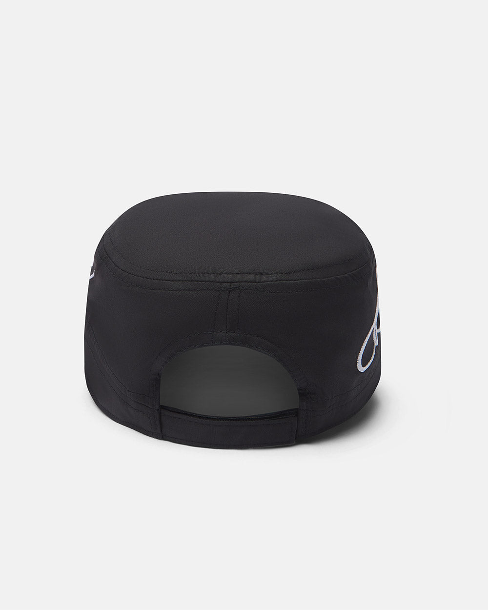 SCRIPT CAP BLACK - black embroidered cap, back view - Cold Culture #packshot