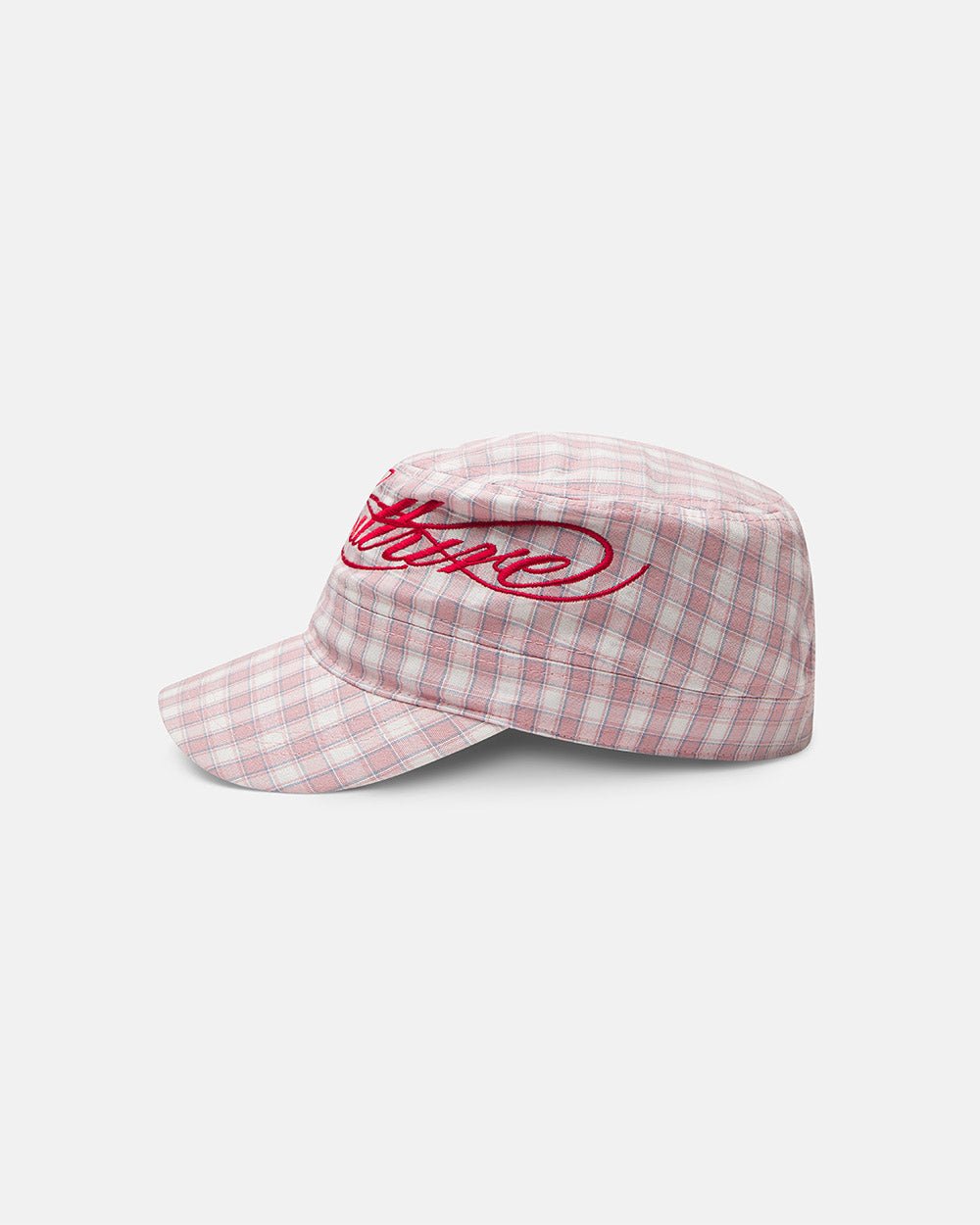 SCRIPT CAP PINK - pink plaid cap, side view - Cold Culture #packshot