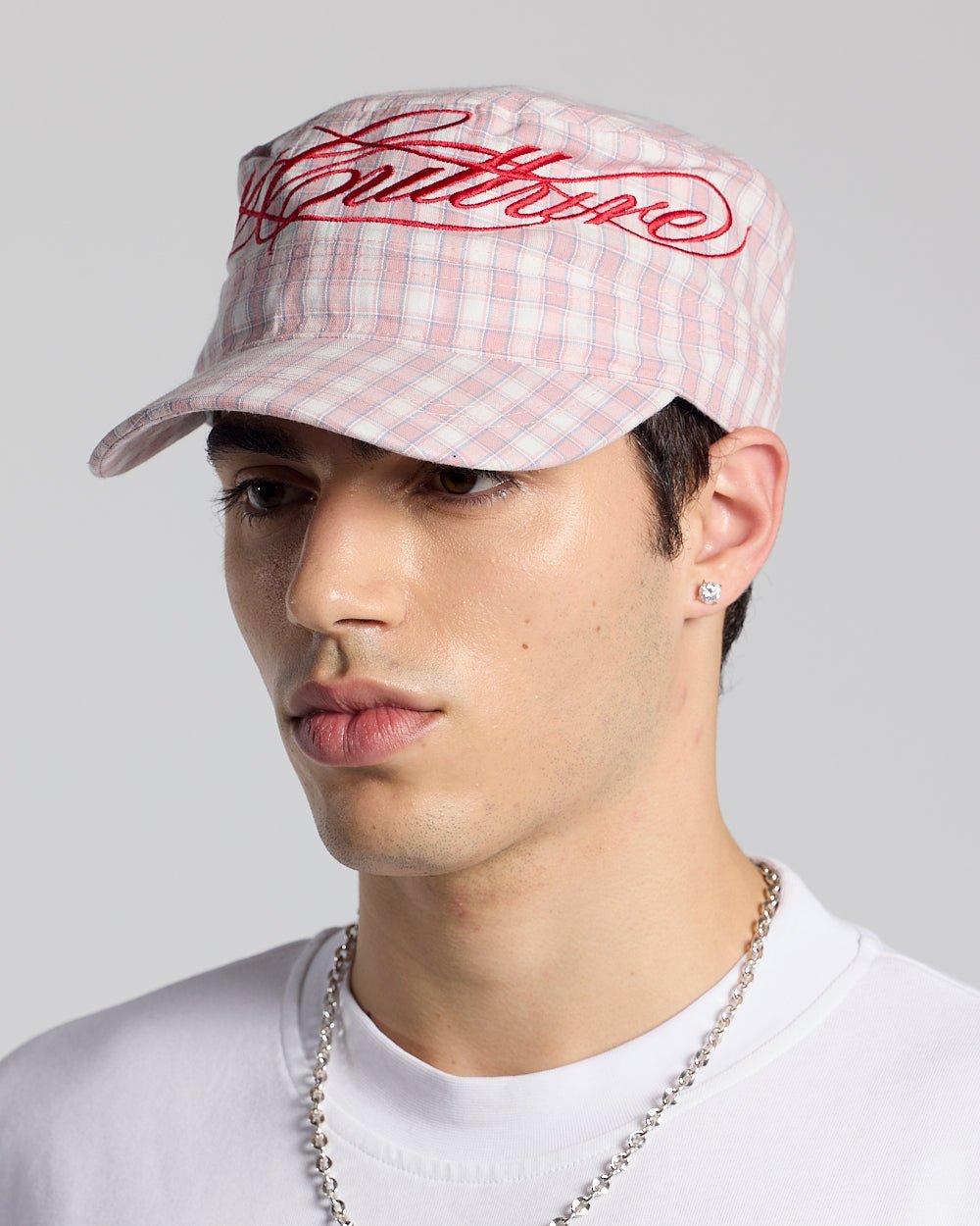 SCRIPT CAP PINK - pink plaid cap, on model close-up - Cold Culture #man