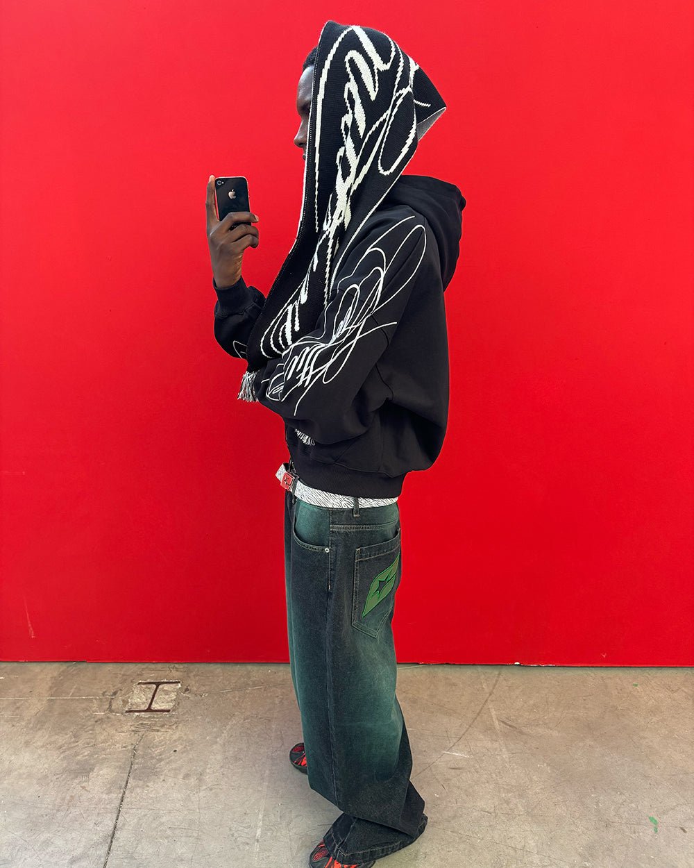 SCRIPT DOUBLE SIDE SCARF BLACK & WHITE - black and white script scarf, street style shot - Cold Culture