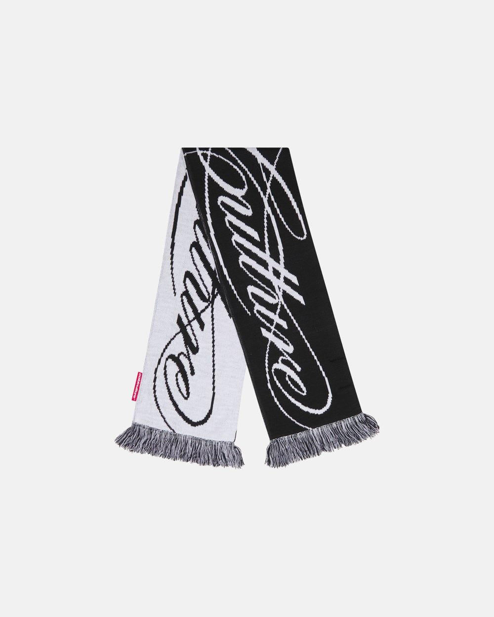 SCRIPT DOUBLE SIDE SCARF BLACK & WHITE - black and white script scarf, flat lay - Cold Culture #packshot