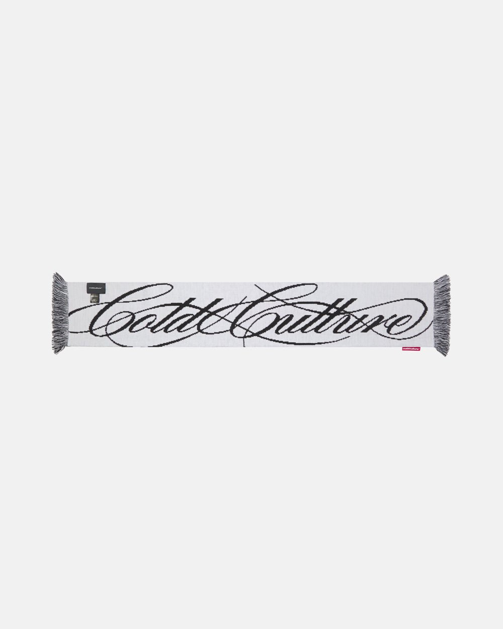 SCRIPT DOUBLE SIDE SCARF BLACK & WHITE - black and white script scarf, back view - Cold Culture #packshot