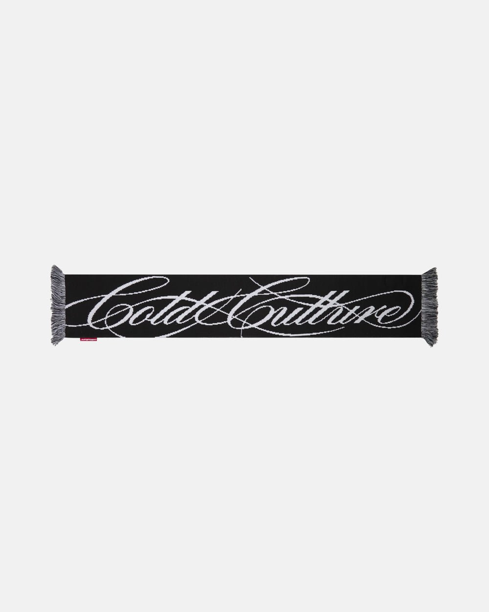 SCRIPT DOUBLE SIDE SCARF BLACK & WHITE - black and white script scarf, front view - Cold Culture #packshot