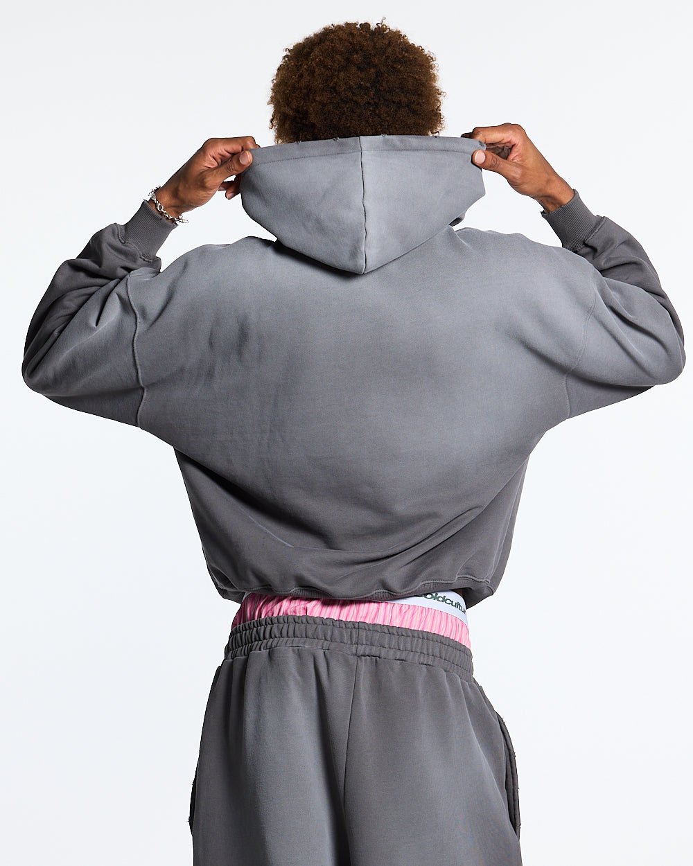 SCRIPT HOODIE ANTRACITE GREY - grey script print hoodie, back view on male model - Cold Culture