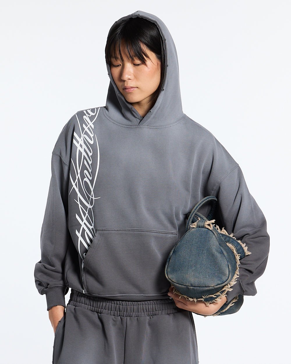 SCRIPT HOODIE ANTRACITE GREY - grey script print hoodie, front view on female model - Cold Culture #woman